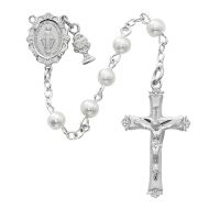 5mm Round White Pearl Rosary w/Rhodium Chalice/Miraculous Medal