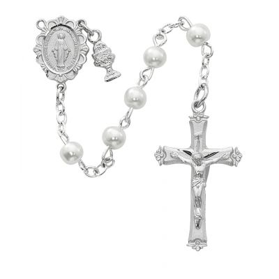 5mm Round White Pearl Rosary w/Rhodium Chalice/Miraculous Medal - 735365995615 - C65RW
