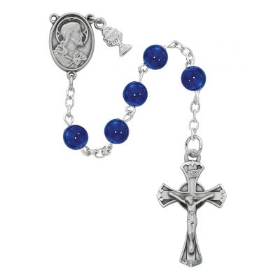 Rhodium Finish 6mm Blue Glass Rosary w/Rhodium Chalice/Heart Center - 735365957316 - C70RB