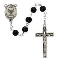 6mm Black Glass Communion Rosary w/Pewter Chalice/Chalice Center