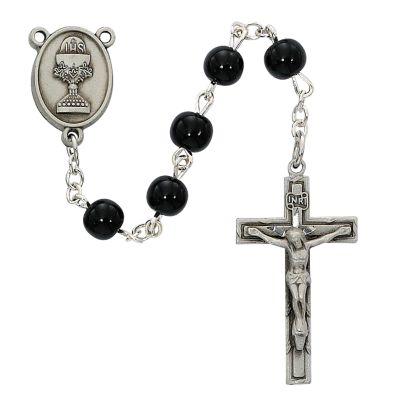 6mm Black Glass Communion Rosary w/Pewter Chalice/Chalice Center - 735365994410 - C73DB