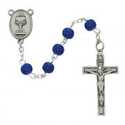 6mm Blue Communion Rosary w/Pewter Chalice/Chalice Center