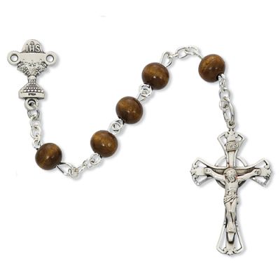 Sterling Silver 6mm Brown Wood Rosary w/Chalice/Chalice - 735365586998 - C7LB