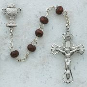 Brown Wood Communion Rosary w/Rhodium Crucifix/Chalice Center