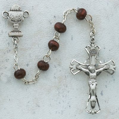Brown Wood Communion Rosary w/Rhodium Crucifix/Chalice Center - 735365587001 - C7RB