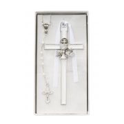 5in. White Enameled Chalice Cross/Pearl Rosary Set