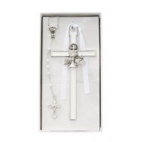 5in. White Enameled Chalice Cross/Pearl Rosary Set