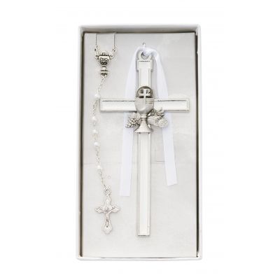 5in. White Enameled Chalice Cross/Pearl Rosary Set - 735365499175 - CBS1