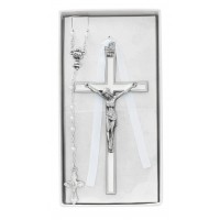 White Enameled Communion Wall Crucifix & Rosary