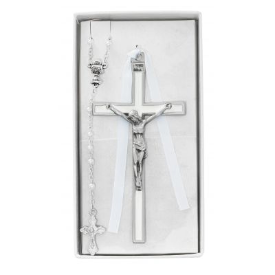 White Enameled Communion Wall Crucifix & Rosary - 735365515585 - CBS3