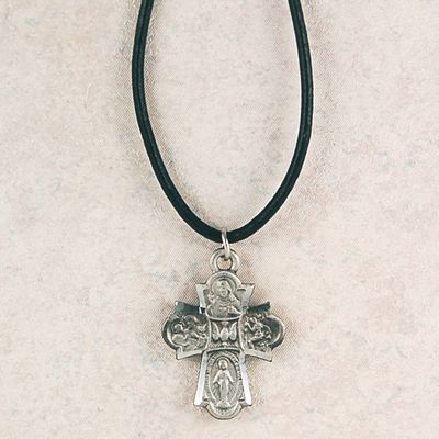 Pewter 4way Cross On Black Leather Cord 735365564422 - D2410LC