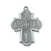 Pewter 4 Way Medal Cross w/24 inch Silver Tone Chain