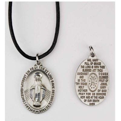 Pewter Miraculous Hail Mary Medal With Leather Cord 735365910014 - D646LC