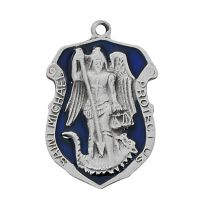 Pewter Blue Saint Michael Medal With 24" Silver Tone Chain 2Pk