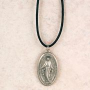 Pewter Miraculous Medal w/24 inch Black Leather Cord