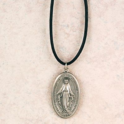 Pewter Miraculous Medal w/24 inch Black Leather Cord 735365564446 - DMG1LC