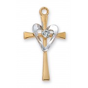 Gold Plated Silver Cross w/Heart 18 inch Chain Necklace