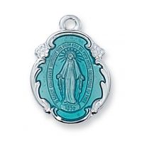 Silver Miraculous Medal Blue 18 inch Serpentine Necklace Chain