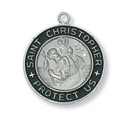 Silver Black/White Enameled Saint Christopher 18 inch Necklace Chain