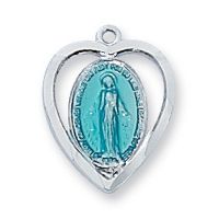 Sterling Silver Blue Miraculous Medal 18 inch Chain & Gift Box
