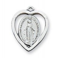 Sterling Silver 1/2 inch Heart Miraculous Medal 18 inch Necklace