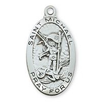 Sterling Silver 1-1/8 x 5/8 inch Saint Michael 24 inch Necklace Chain
