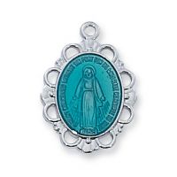 Sterling Silver Blue Miraculous Medal Necklace Chain & Gift Box