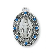 Silver 1 inch Blue Stoned Miraculous Medal 18 inch Necklace Chain