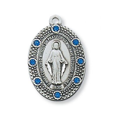 Silver 1 inch Blue Stoned Miraculous Medal 18 inch Necklace Chain - 735365540945 - L581