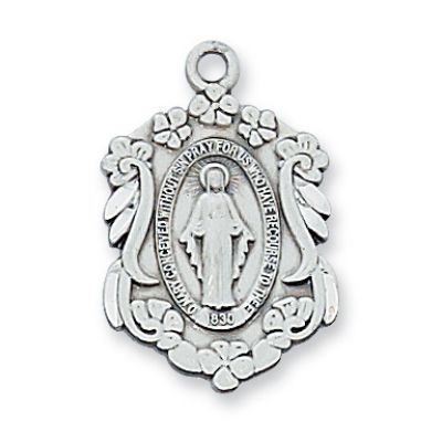 Sterling Silver Miraculous Medal 18 inch Necklace - 735365540952 - L582