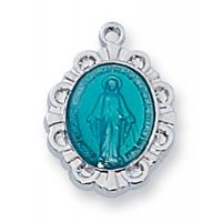 Sterling Silver Blue Miraculous Medal w/13 Inch Necklace Chain/Box