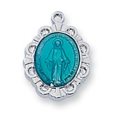 Sterling Silver Blue Miraculous Medal w/13 Inch Necklace Chain/Box - 735365704910 - L595BB