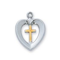Sterling Silver 2-Tone Heart Cross 18 Inch Necklace Chain/Gift Box