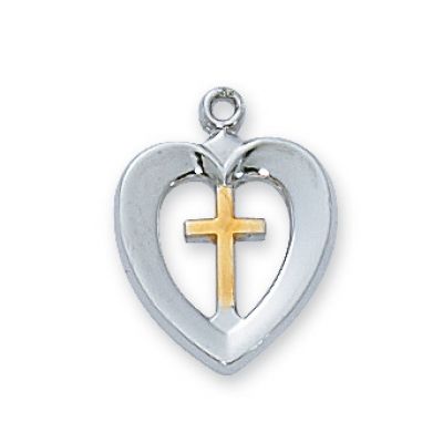Sterling Silver 2-Tone Heart Cross 18 Inch Necklace Chain/Gift Box - 735365573318 - L596