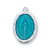 Sterling Silver Blue Miraculous Medal w/18 inch Rhodium Chain
