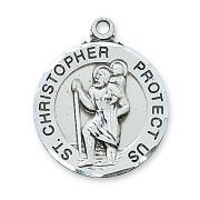 Sterling Silver Round Saint Christopher 24 Inch Necklace /Gift Box
