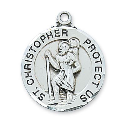 Sterling Silver Round Saint Christopher 24 Inch Necklace /Gift Box - 735365597468 - L608