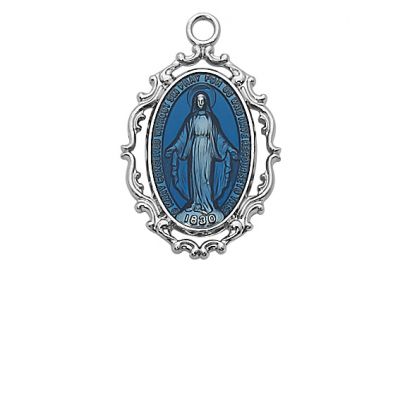 Sterling Silver Blue Miraculous Medal w/18 inch Necklace Chain - 735365737017 - L635