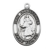 Sterling Saint Christopher Medal w/24 Inch Rhodium Chain/Red Gift Box