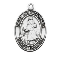 Sterling Saint Christopher Medal w/24 Inch Rhodium Chain/Red Gift Box