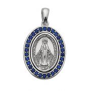 Sterling Silver Blue Stone Miraculous Medal 18 Inch Chain/Gift Box