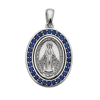 Sterling Silver Blue Stone Miraculous Medal 18 Inch Chain/Gift Box - 735365312054 - L698