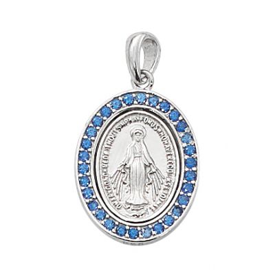 Sterling Silver Blue Stone Miraculous Medal 18" Chain - 735365494842 - L699