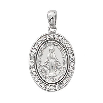 Sterling Silver Miraculous Medal w/Crystal Stones, 18" Chain - 735365494873 - L701