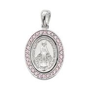 Sterling Silver Miraculous Medal w/Pink Stones, 18" Chain