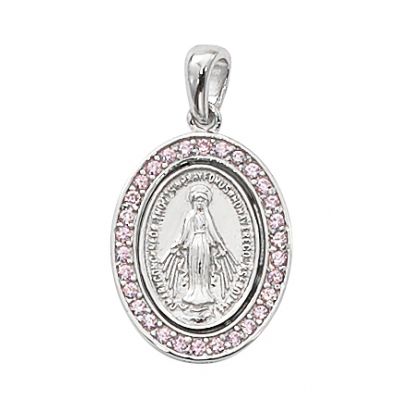 Sterling Silver Miraculous Medal w/Pink Stones, 18" Chain - 735365495962 - L702