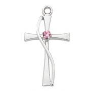 Sterling Silver Cross W/ Rose Stones /18" Rhodium Plated Chain