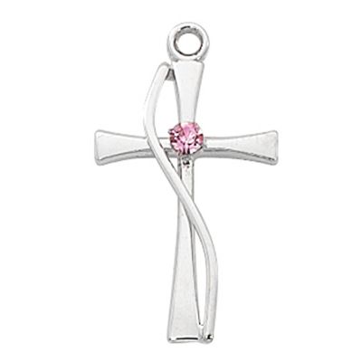 Sterling Silver Cross W/ Rose Stones /18" Rhodium Plated Chain - 735365497546 - L9169