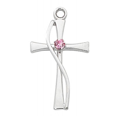 Sterling Silver Cross W/ Rose Stones /18" Rhodium Plated Chain - 735365497546 - L9169