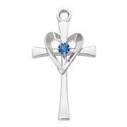 Sterling Silver Cross W/blue Stone & Heart/Rhodium Plated Chain